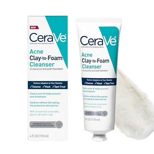 CeraVe Clay To Foam Acne Face Wash, Multi-Use Salicylic...