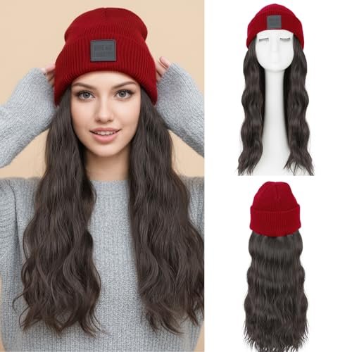 S-noilite Beanie Wig with Hair,18 Inch Long Wavy Extensions