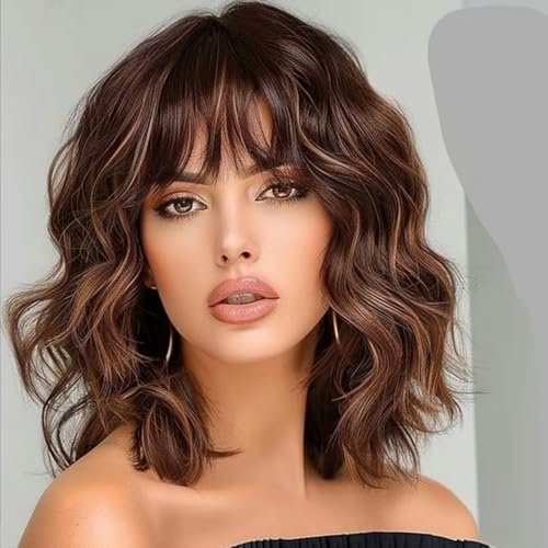 Lativ Brown Highlight Wigs for Women Short Wavy Curly Bob