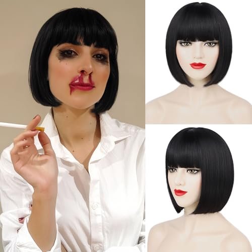 Guree Hair Black Bob Wig with Bangs, 12 Inch Straight