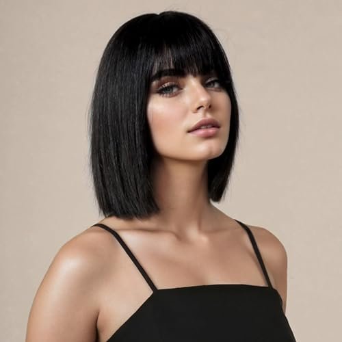 SUKRI Short Black Straight Wig with Bangs Bob for Women