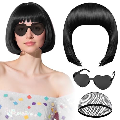 PLULON Black Bob Wig with Heart Sunglasses and Hair Cap
