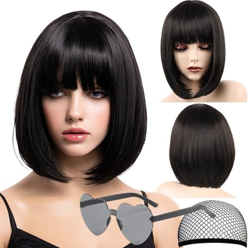 VCAY Black Bob Wig with Bangs, 12 Inch Straight Wig
