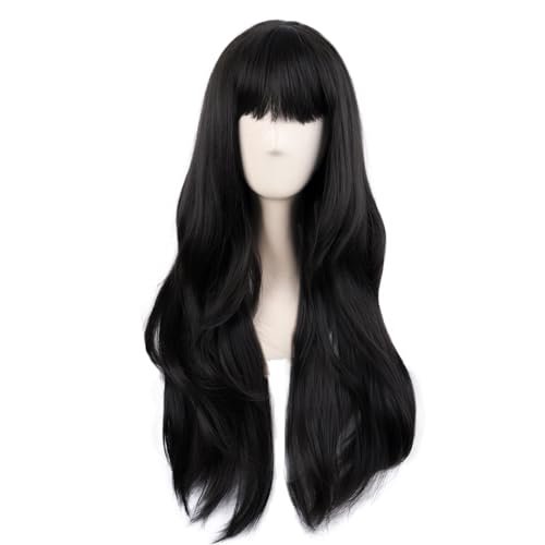 MapofBeauty 28 Inch/70 cm Long Curtain Bangs Wavy Black Wig