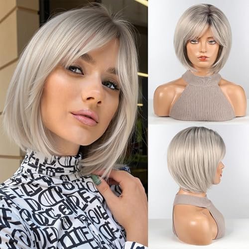 HAIRCUBE Bob Wigs for Women Synthetic Wig with Blonde Fringe