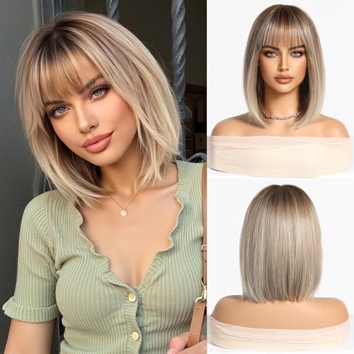Esmee Short Straight Blonde Bob Wigs With Fringe Synthetic...