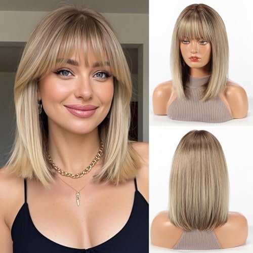 HAIRCUBE Bob Wigs for Women Synthetic Wig Blonde with Fringe