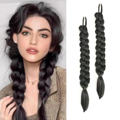 shufang 2 Packs 16 Inch Black Long Braid Ponytail Extension