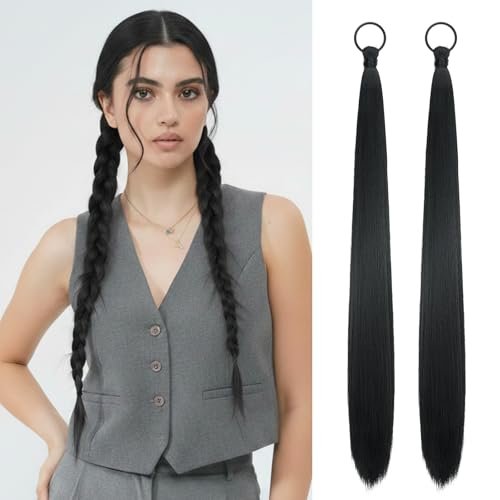Black Ponytail Extension for Women 2PCS DIY Braided 26...