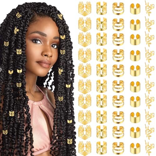 Tyqour 50pcs Gold Hair Jewelry for Braids, Rings and Cuffs