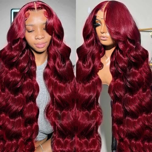 QZOQZO 28 Inch 99j Burgundy Lace Front Human Hair Wig