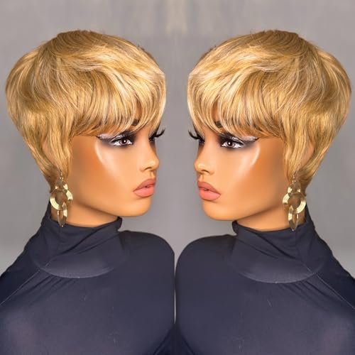 PurpleSexy Pixie Cut Human Hair Wig Short Layered Honey...
