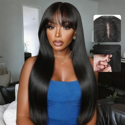eddfine Straight Human Hair Wigs with Bangs, 2x4 Lace...