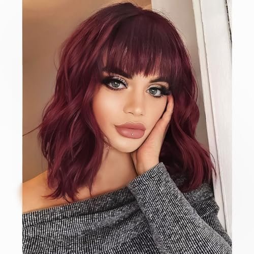 AISI HAIR Curly Bob Wig with Bangs in Wine Red