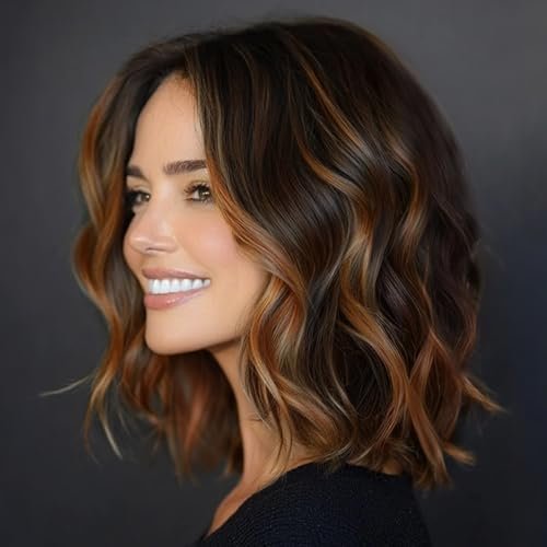 AISI HAIR 14 Inch Highlights Caramel Brown Wavy Lace Wig