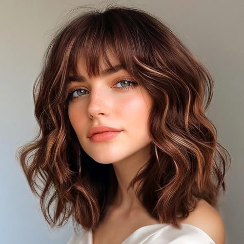 Aokiya Bob Wavy Wigs for Women Reddish Caramel Brown