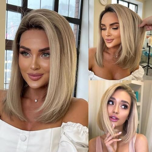 Ombre Ash Blonde Wigs Human Hair for Women Short Bob