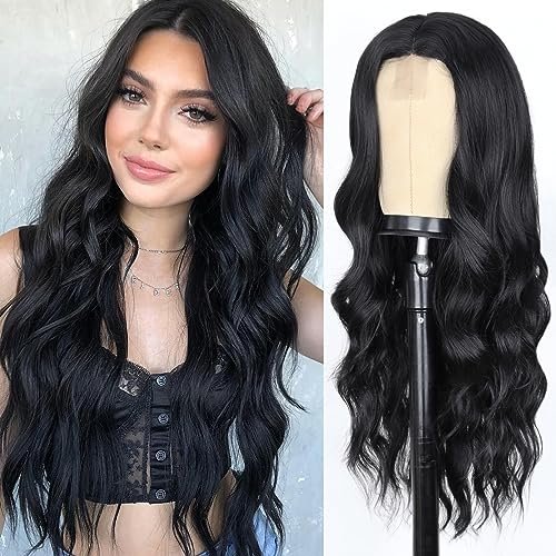 WERD Long Black Wavy Wigs for Women with Middle Part
