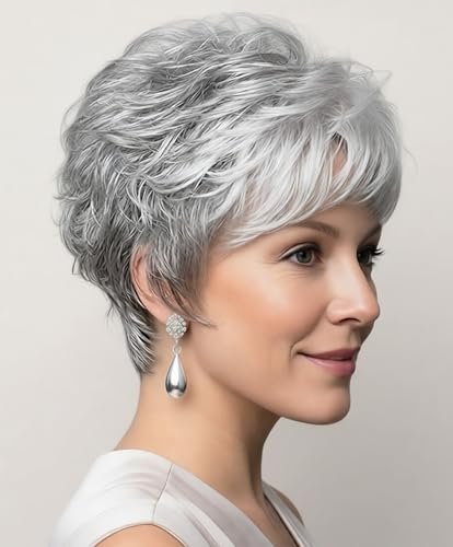 SEVENCOLORS Short Grey Wigs for White Women Curly Pixie Cut