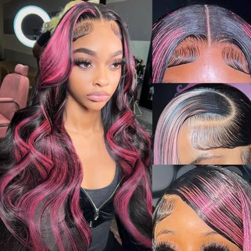 KeaBalo Ombre Lace Front Wig Human Hair Pink Skunk Stripe
