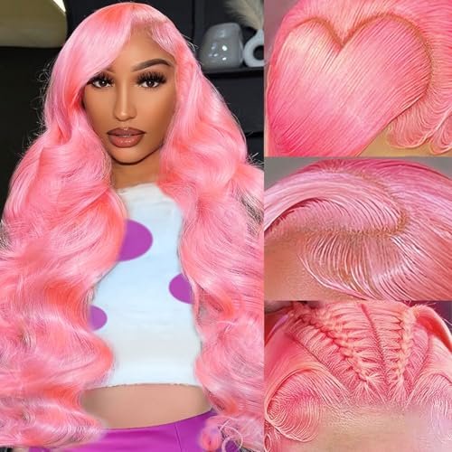 Tobeallo 30 Inch Pink 13x6 Human Hair Body Wave Wig