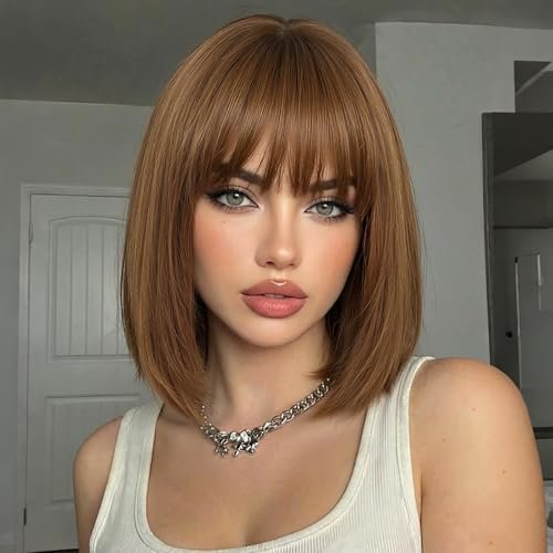 ELLORS 12 Inch Ombre Brown Human Hair Bob Wig