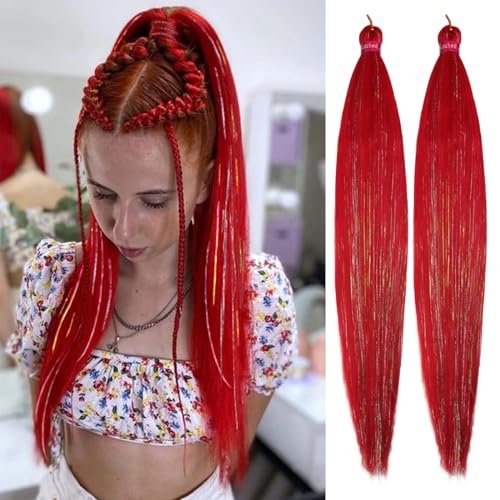 Red with Tinsel Braiding Hair Pre Stretched 26 Inch...