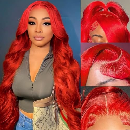 mululi 30 Inch Red Wig Human Hair Body Wave 13x4