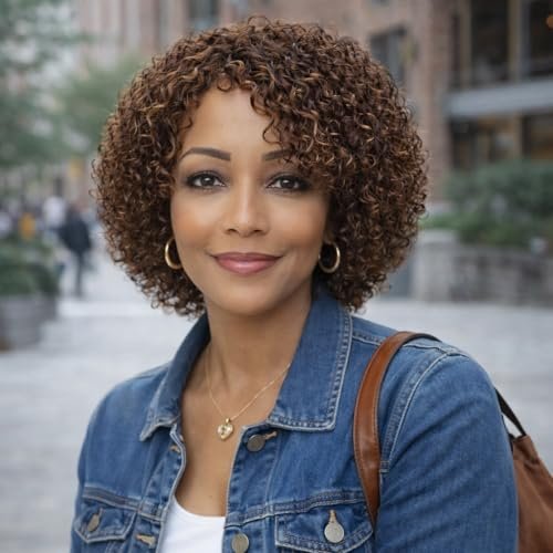 Velicoo Short Curly Wigs for Black Women Brown Mixed Blonde