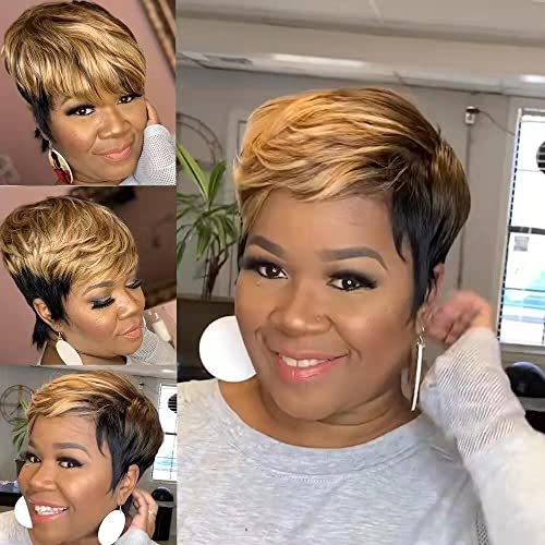LEOSA Ombre Short Bob Pixie Cut Wig with Side Bangs
