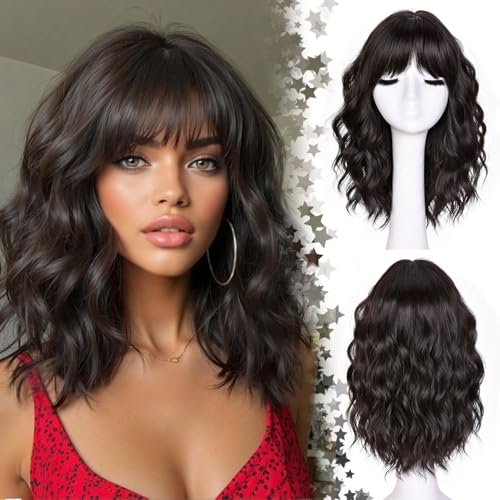 CURLCRAZY Short Wavy Wig with Bangs for Women