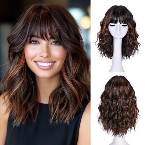 CURLCRAZY Short Wavy Wig with Bangs for Women Brown...