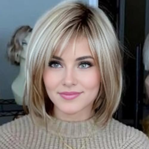 RENERSHOW Layered Blonde Bob Wigs for White Women with Bangs