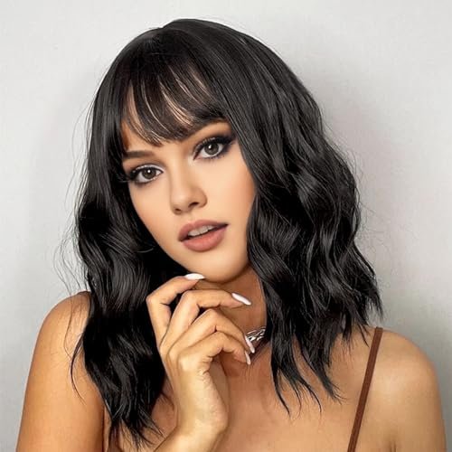 AGO Natural Black Wigs with Bangs Short Wavy Bob Wig