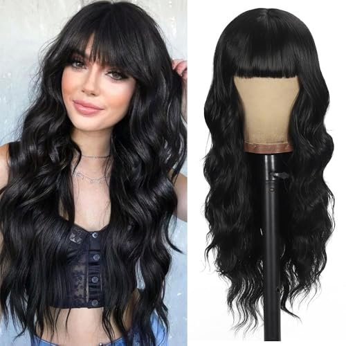 UNNYMGER Black Wig with Bangs Curly wavy Synthetic for Women